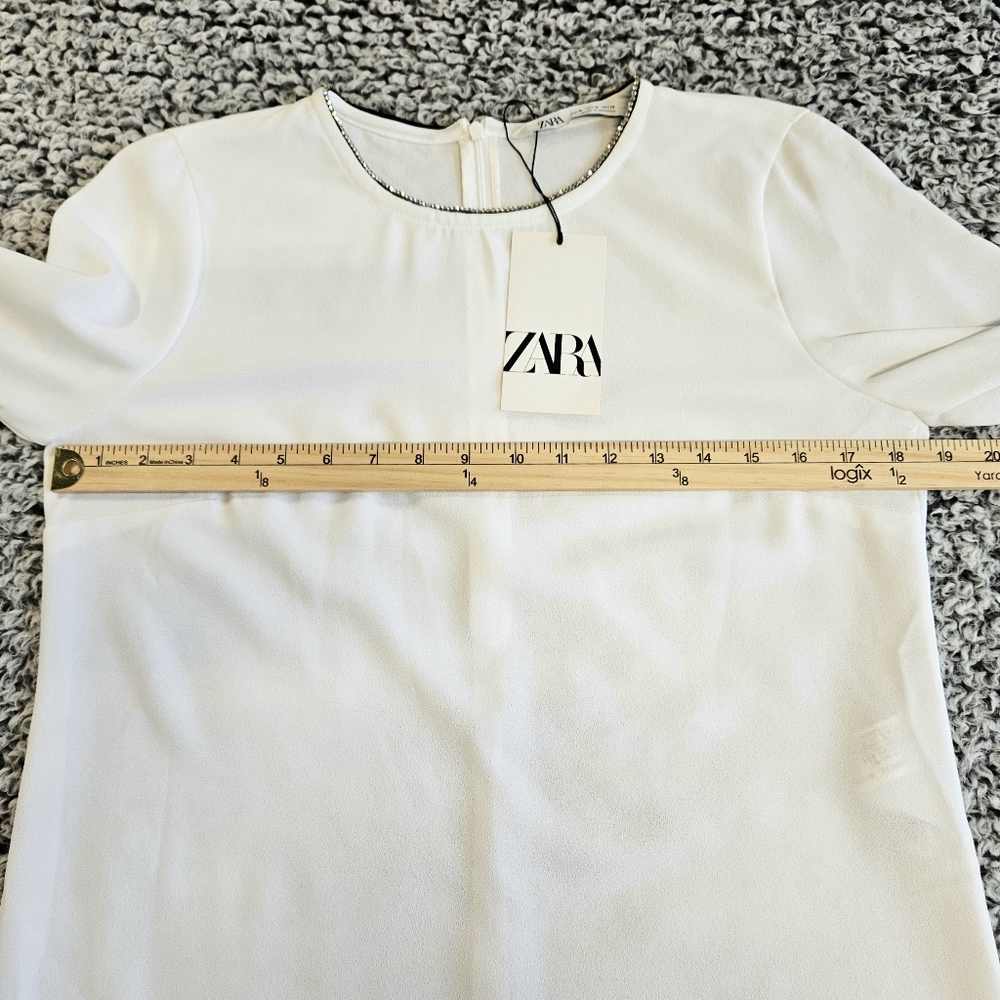 Zara White Top M Medium Flare Sleeve Rhinestones Minimalist Dressy Glam Tunic - Picture 12 of 16